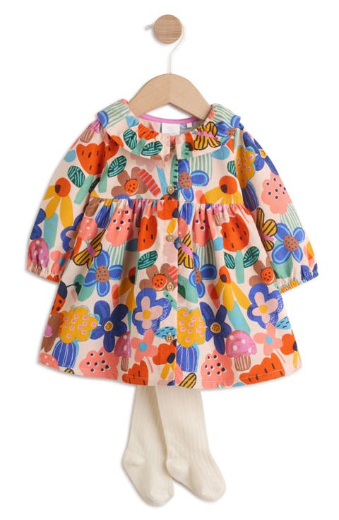 Kids' Floral Baby Cord Dress & Tights Set