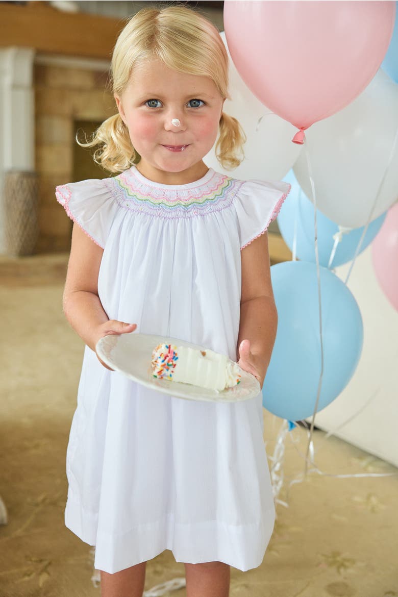 Kids' Woven Smocked Bishop Dress, Alternate, color, White with Rainbow