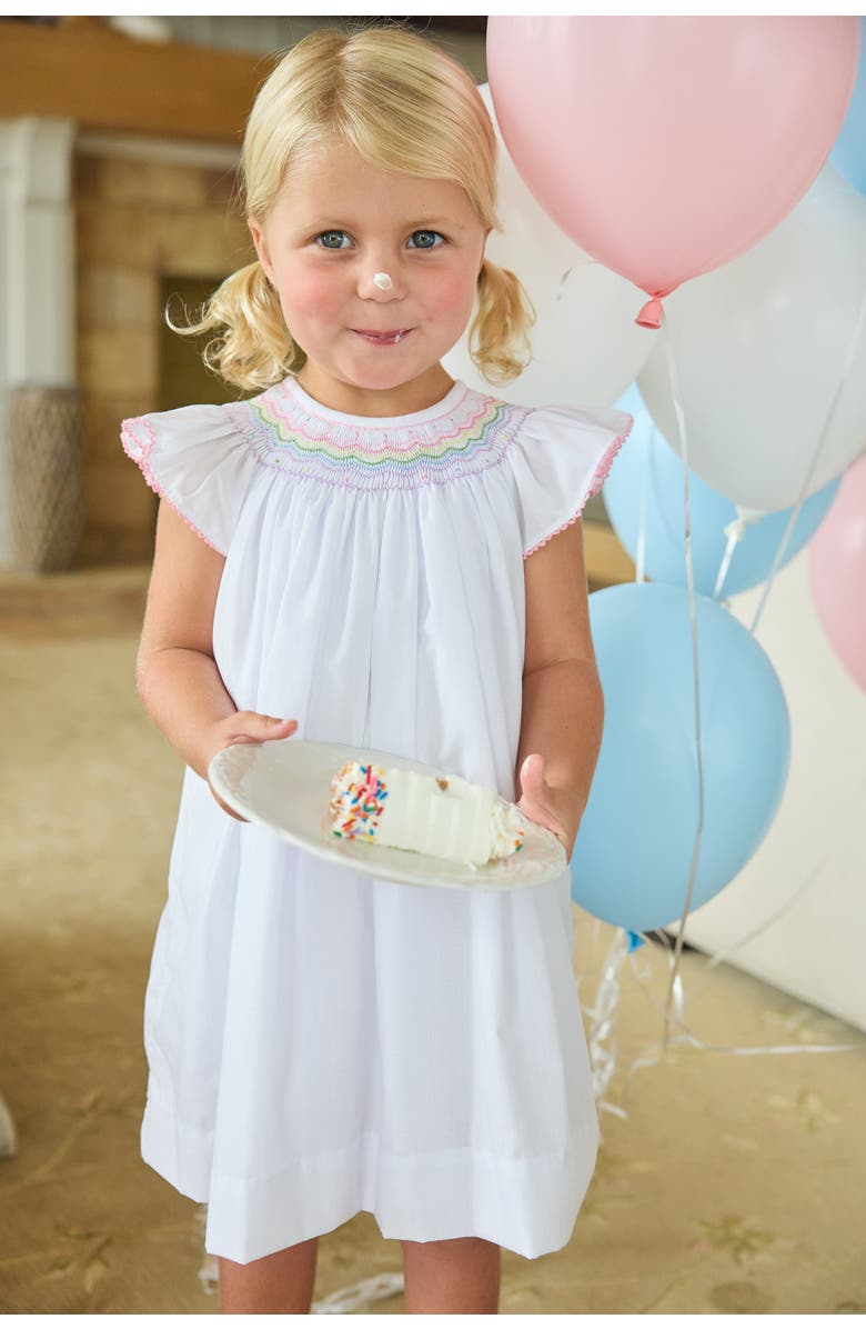 Little English Kids' Woven Smocked Bishop Dress, Alternate, color, White With Rainbow