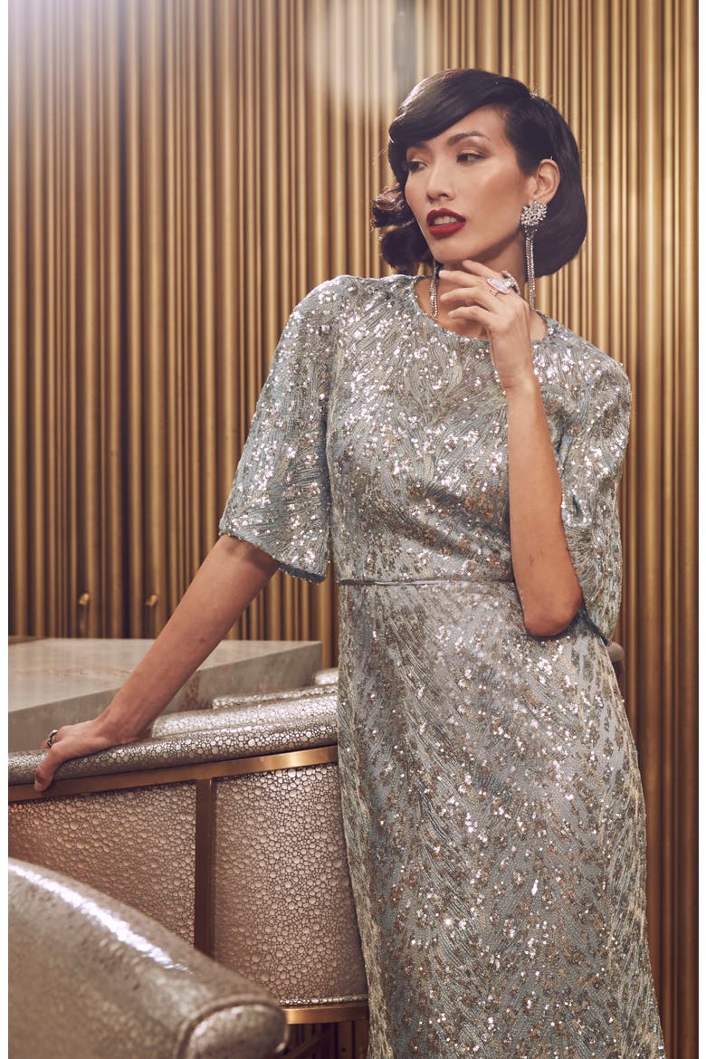 Sequin Flutter Sleeve Trumpet Gown, Alternate, color, SPEARMINT SILVER