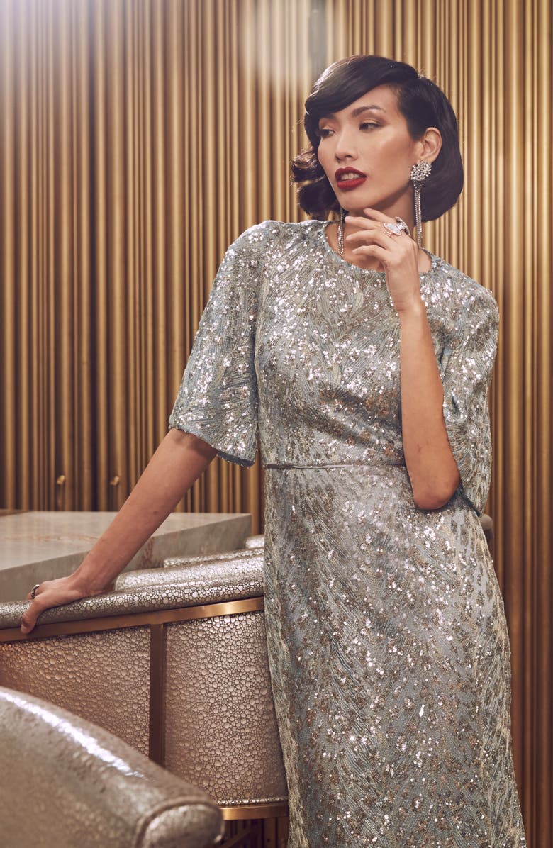 JS Collections Sequin Flutter Sleeve Trumpet Gown, Alternate, color, 