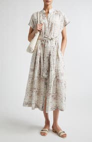 Eleventy Val Floral Linen Midi Shirtdress