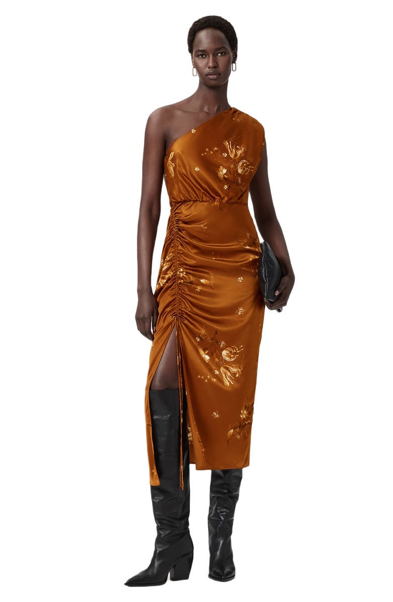 AllSaints Laura Ruched One-Shoulder Satin Cocktail Dress, Alternate, color, Ania Rust Brown