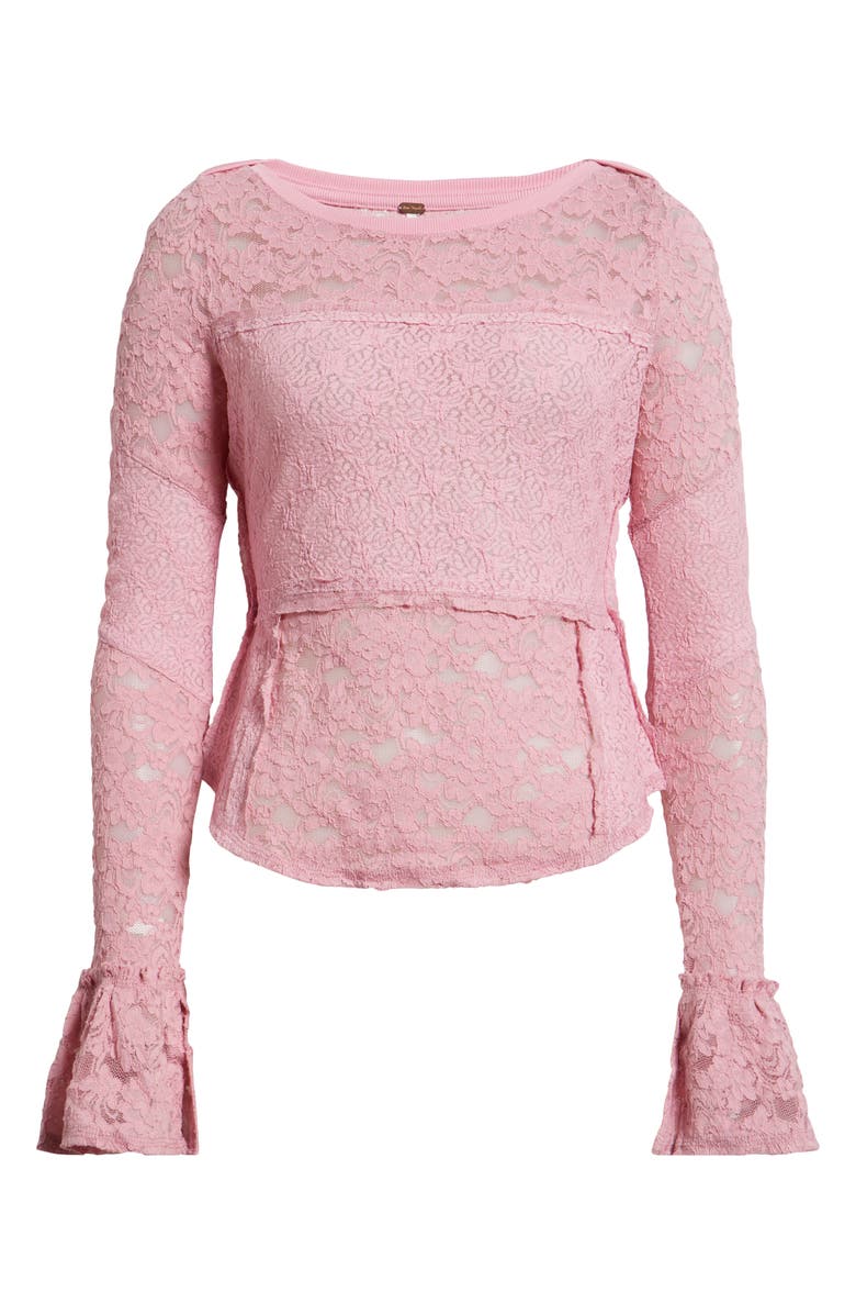 Free People Bell Sleeve Sheer Cotton Blend Lace Top, Alternate, color, Orchid Smoke