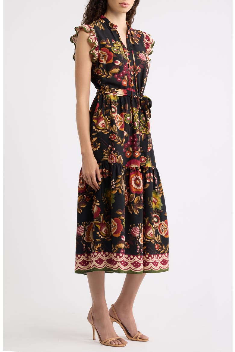 Floral Border Print Midi Dress, Alternate, color, BLACK MULTI