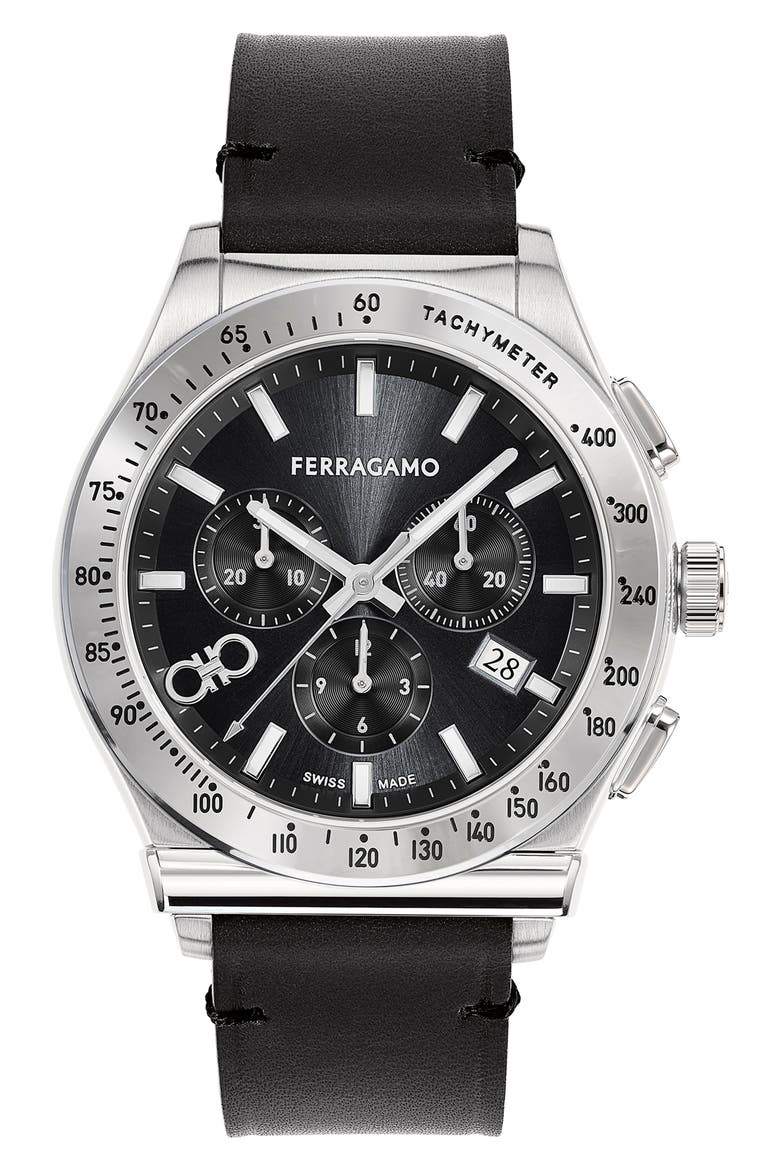 1927 Chronograph Leather Strap Watch, 42mm, Main, color, STAINLESS STEEL