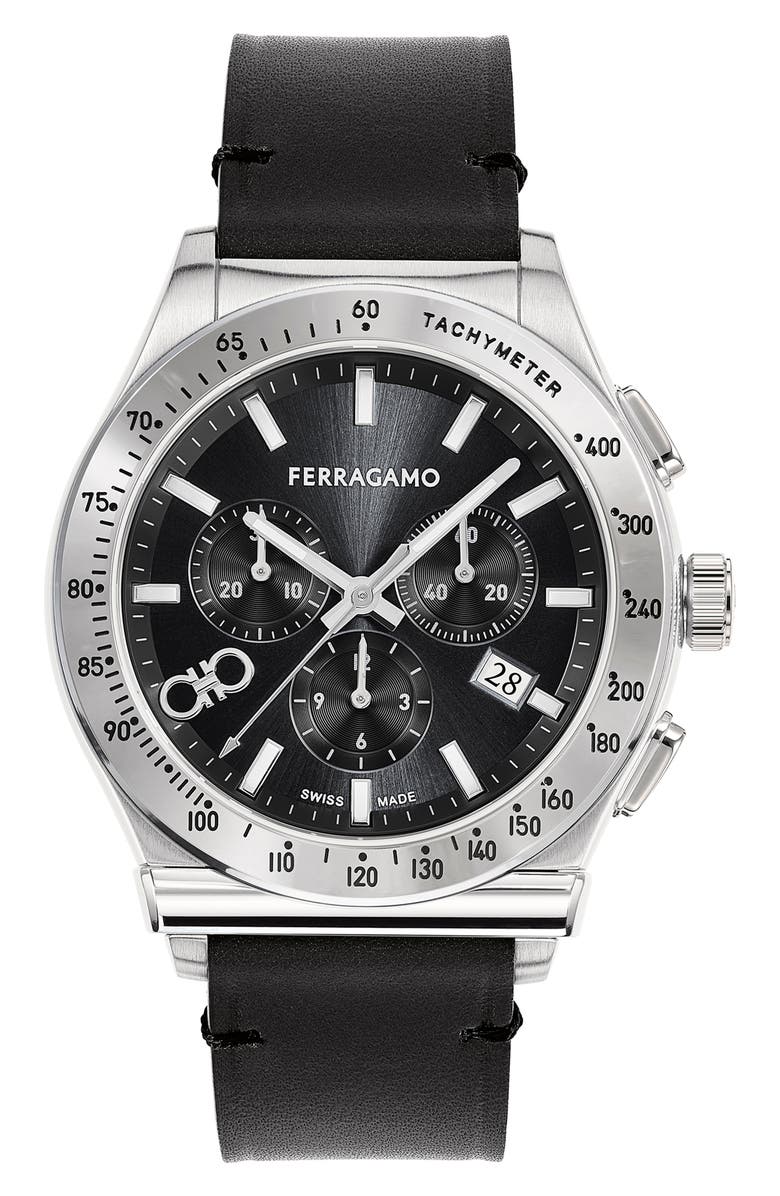 FERRAGAMO 1927 Chronograph Leather Strap Watch, 42mm, Main, color, Stainless Steel