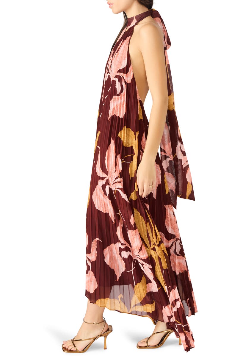 Steve Madden Maraya Floral Pleated Halter Neck Maxi Dress, Alternate, color, Tigerlily