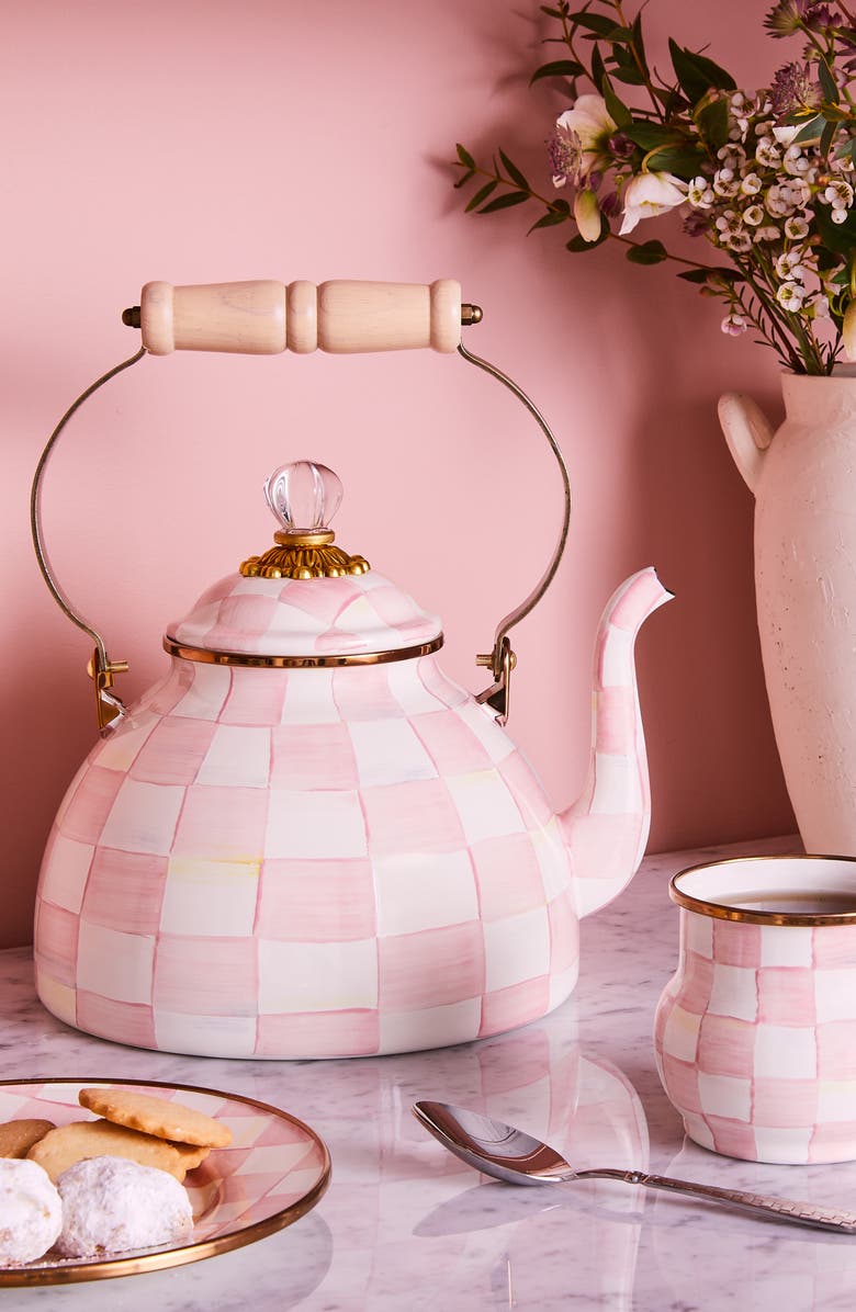 MACKENZIE CHILDS Rosy Check Enameled Steel 3-Quart Tea Kettle, Alternate, color, Pink/ White