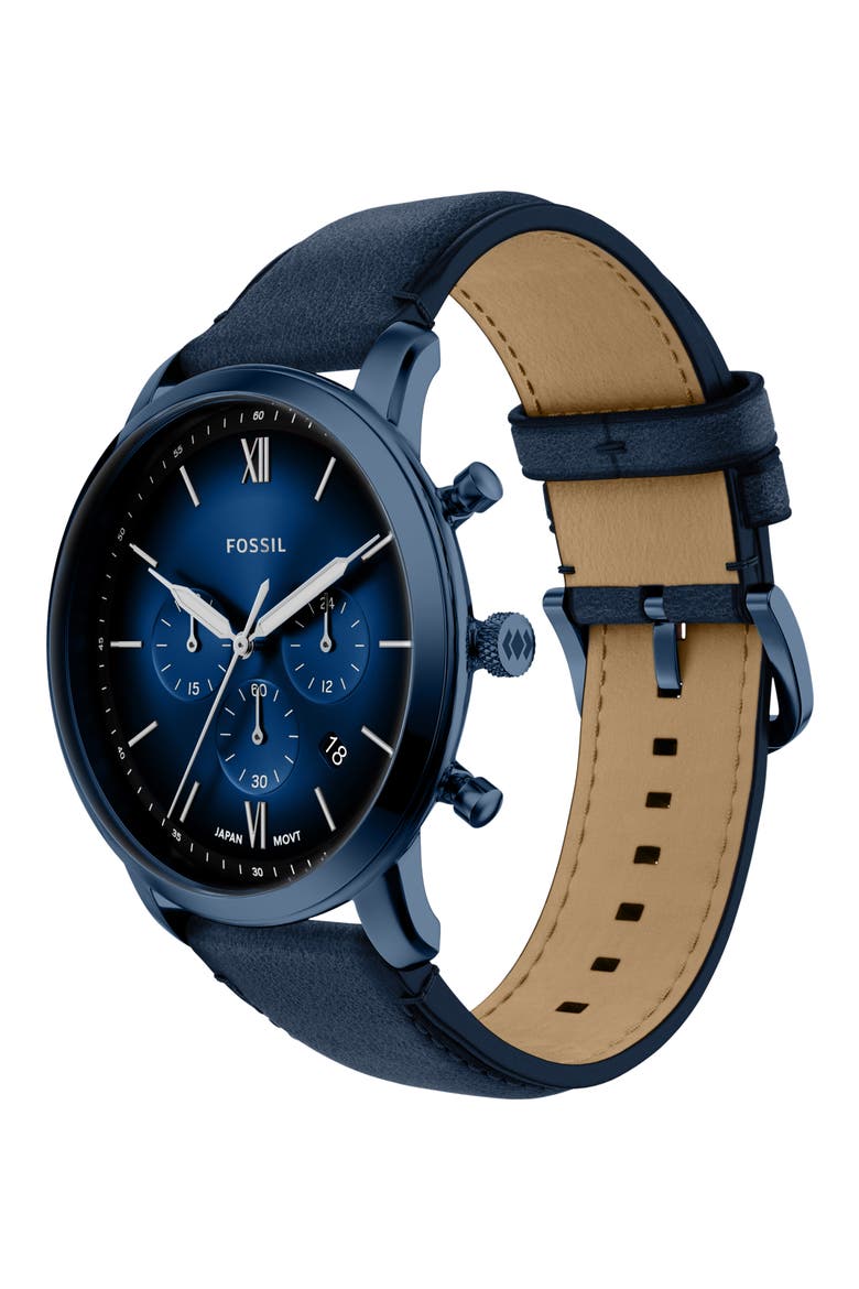 Neutra Blue Chronograph Leather Strap Watch, 44mm, Alternate, color, NAVY