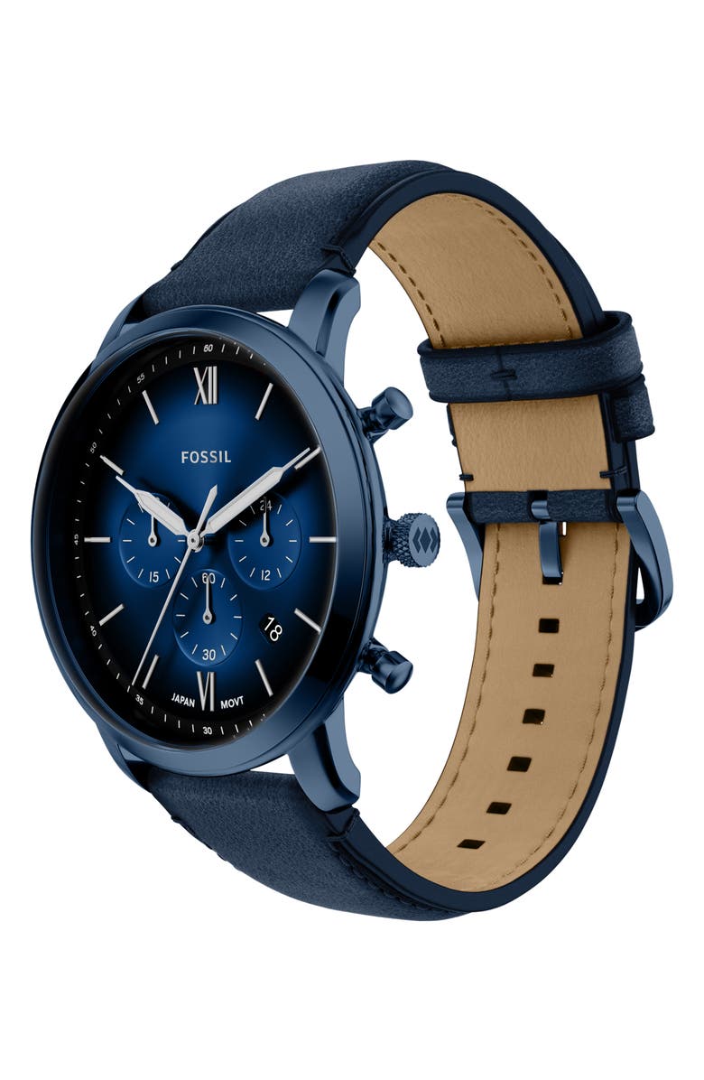 Fossil Neutra Blue Chronograph Leather Strap Watch, 44mm, Alternate, color, 