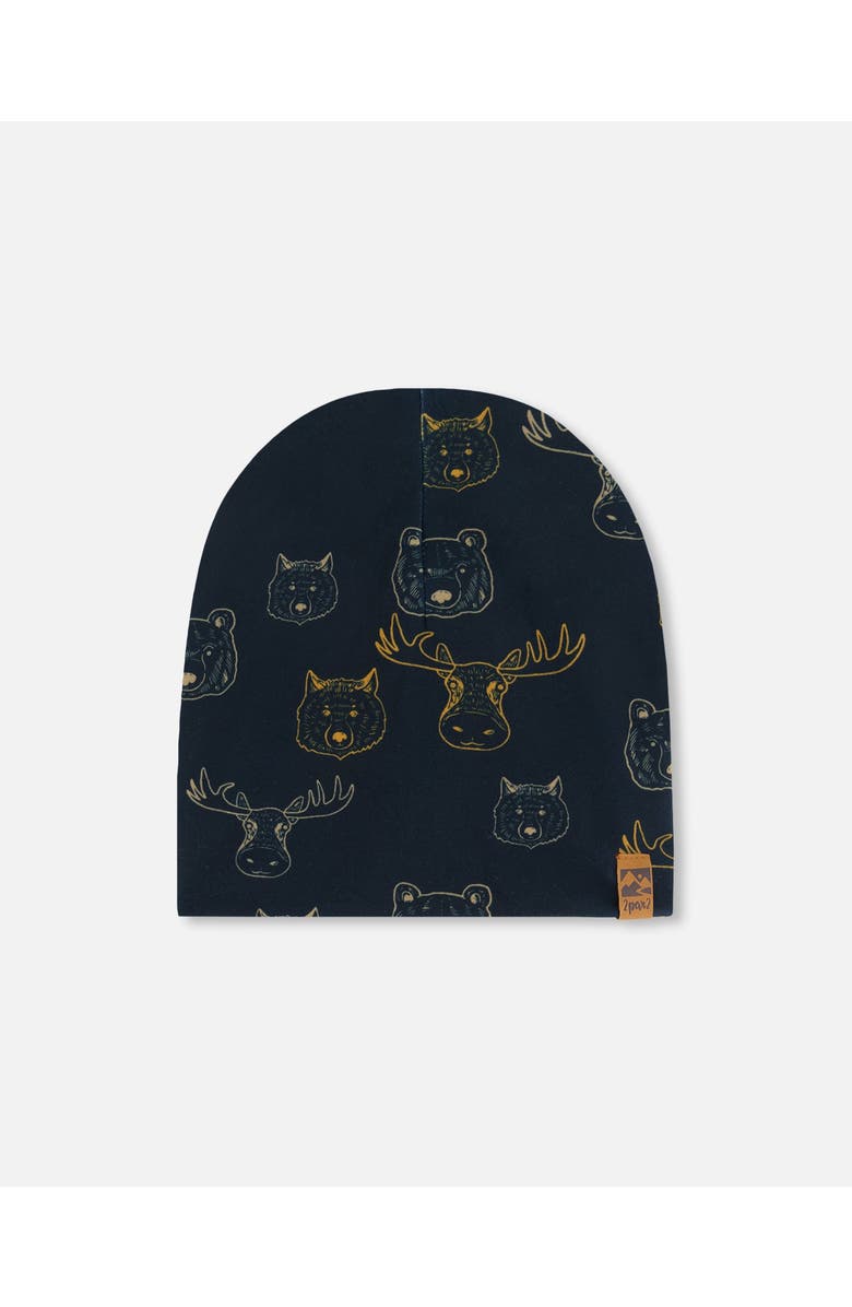 Deux par Deux Boy's Printed Beanie Hat Beige Animals On Black Background, Main, color, 