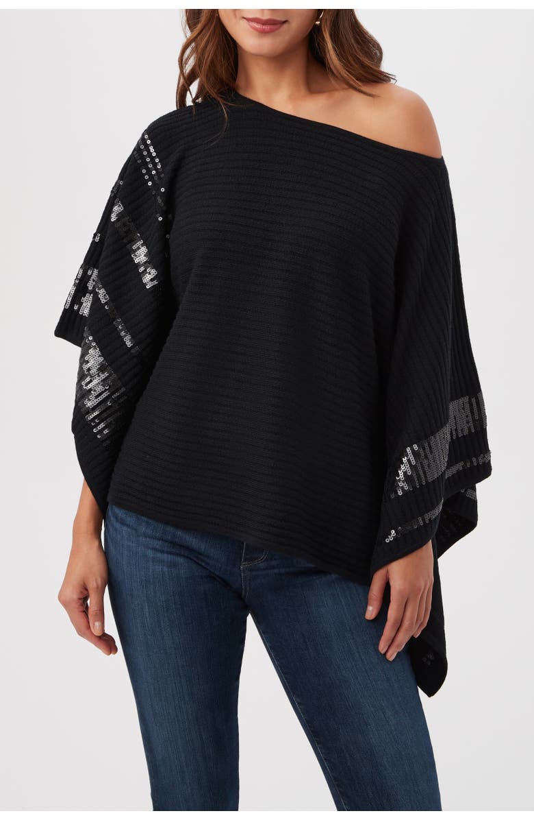 Trina Turk Adela Sequin Trim Sweater Wrap, Alternate, color, Black/Black