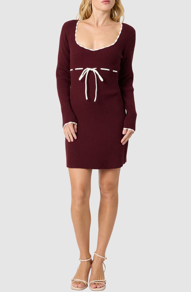 All in Favor Long Sleeve Knit Minidress, Main, color, Burgundy Ivory