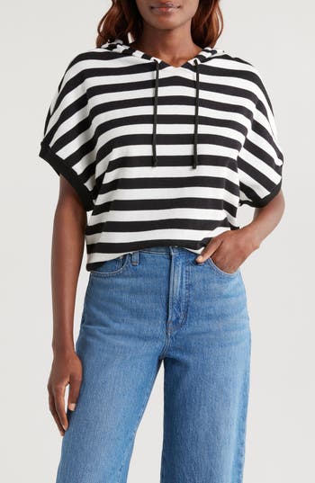 Vince Camuto Stripe Short Sleeve Hooded Sweater In Black