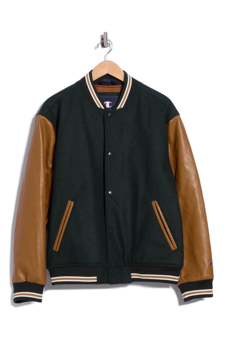 Mixed Media Varsity Jacket, Main, color, GREEN/BROW
