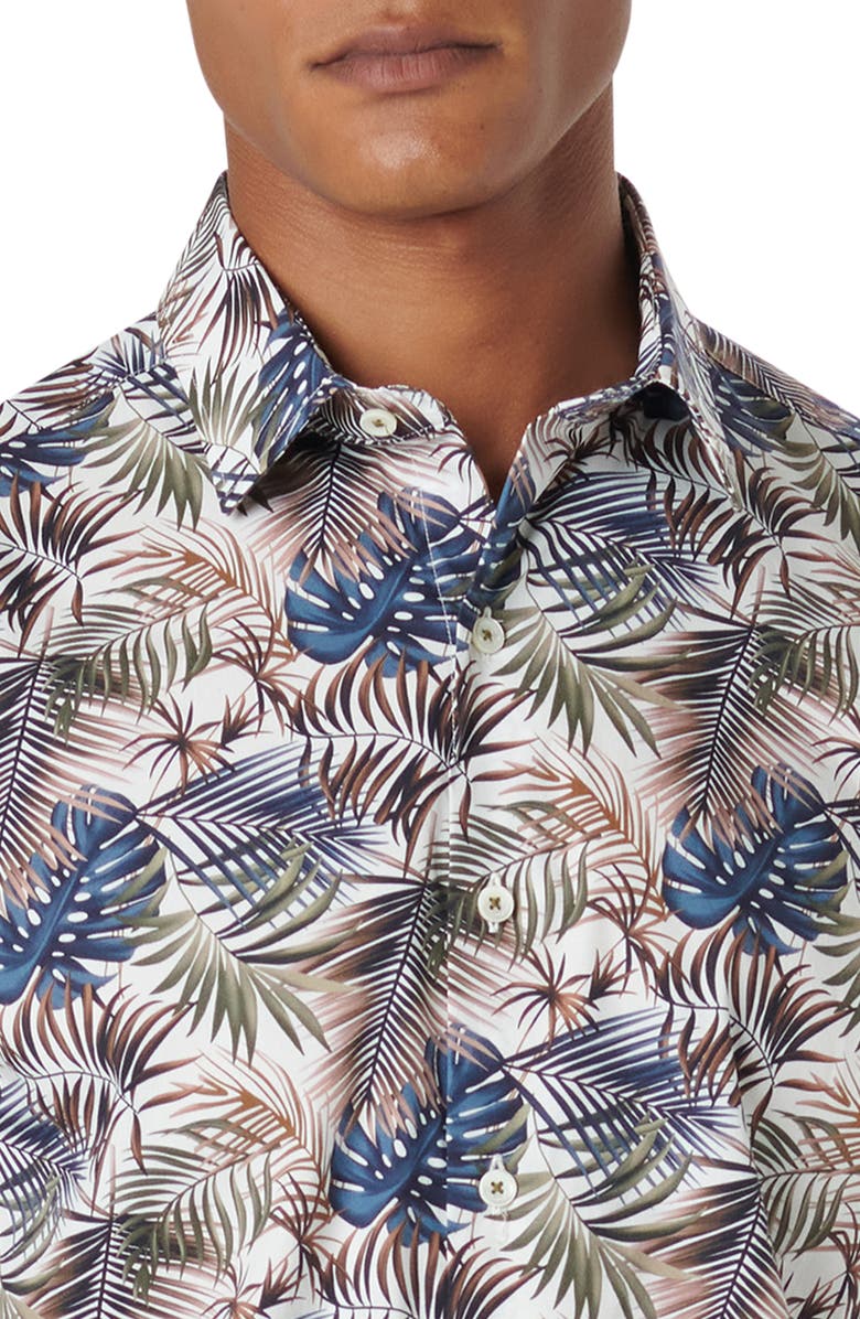 Bugatchi Orson Shaped Fit Frond Print Stretch Cotton Camp Shirt, Alternate, color, Khaki