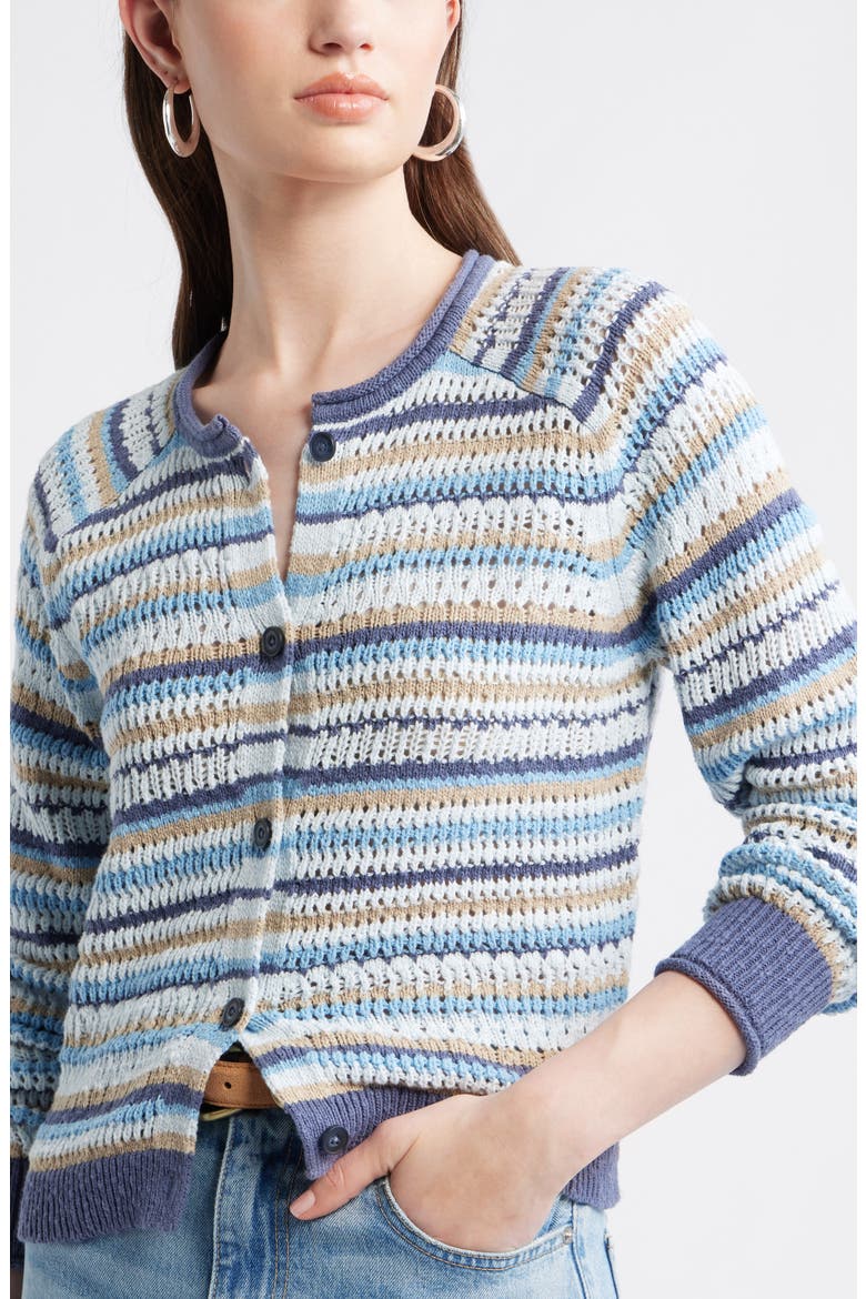 Stripe Pointelle Knit Button Front Cotton Cardigan, Alternate, color, BLUE BLISSFUL STRIPE