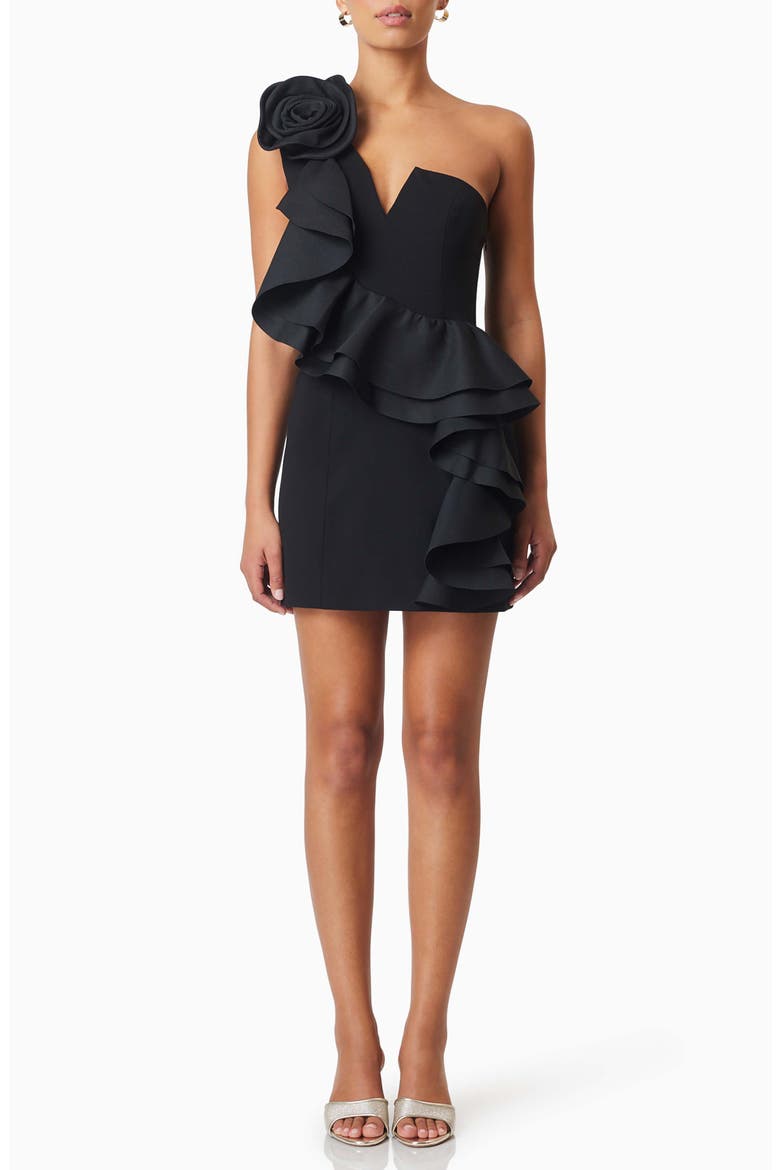 Halona Floral Detail One-Shoulder Cocktail Minidress, Main, color, BLACK
