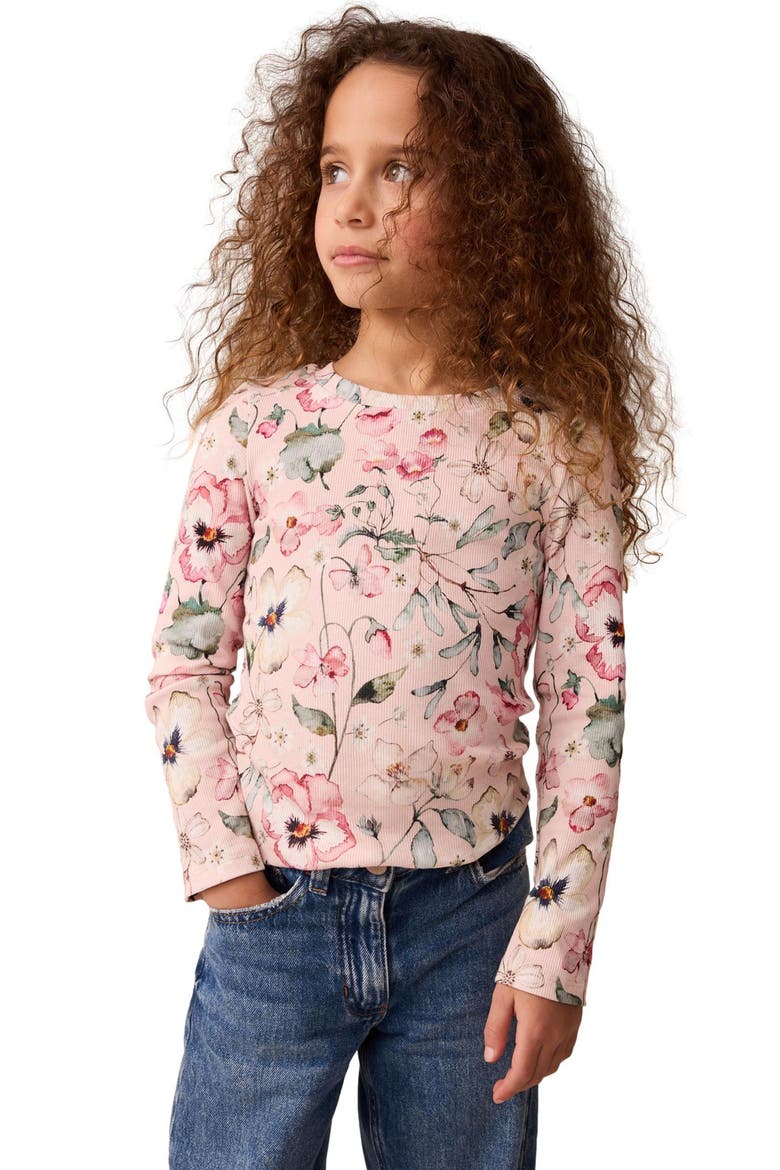 Kids' Floral Print Rib Long Sleeve Top, Alternate, color, PINK