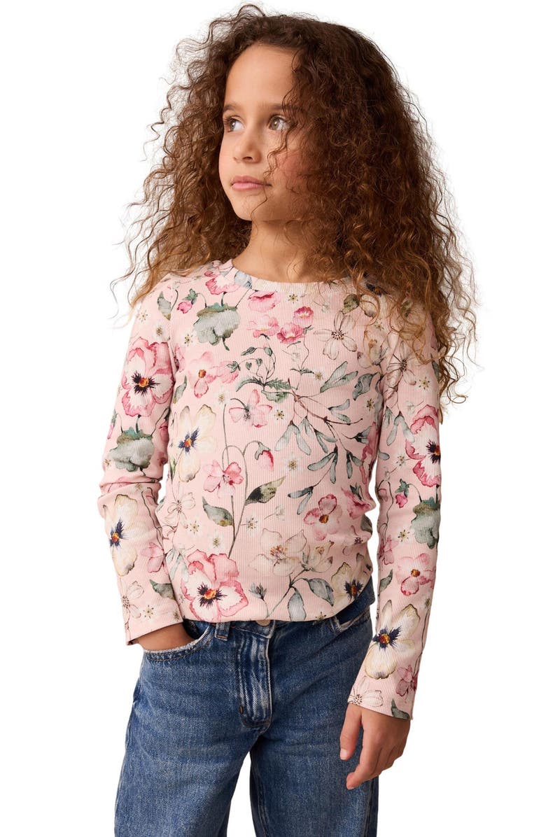 NEXT Kids' Floral Print Rib Long Sleeve Top, Alternate, color, Pink