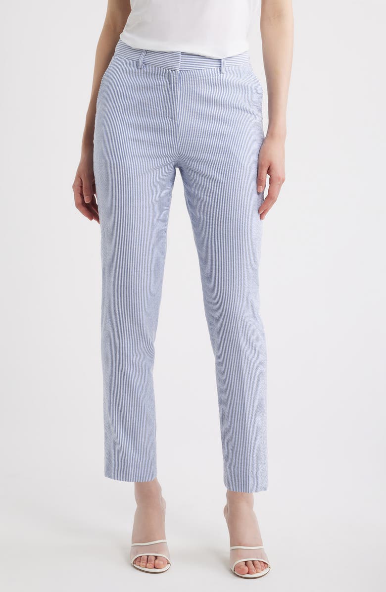 Tahari ASL Seersucker Straight Leg Pants, Main, color, Navy Ivory