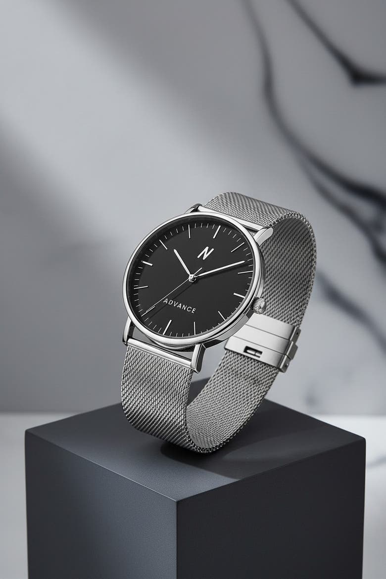 Advance Night Cap Mesh Bracelet Watch, 40MM, Alternate, color, Hushed Silver/Obsidian Black