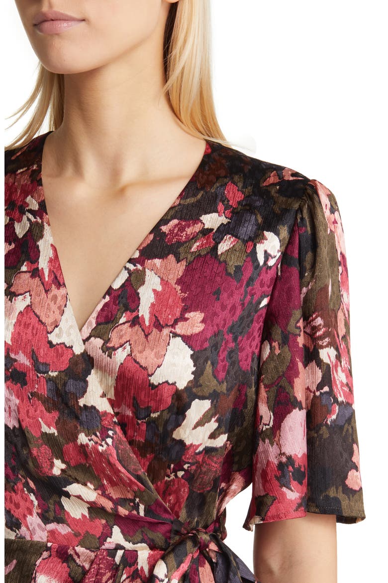 Flora Print Flutter Sleeve Faux Wrap Dress, Alternate, color, KELP COMBO