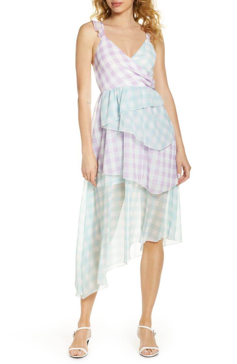 Bellevue The Label Alessia Gingham Layered Asymmetrical Midi Dress, Main, color, 