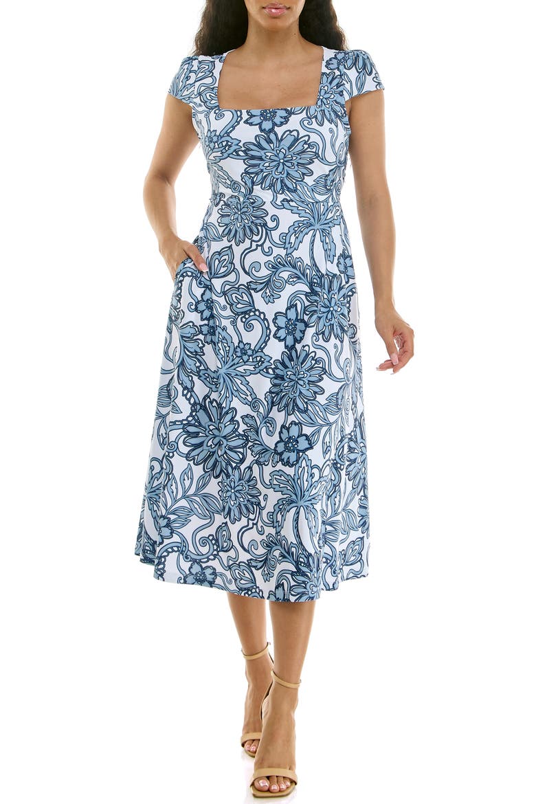 Floral Cap Sleeve Fit & Flare Dress, Main, color, DENIM MULTI
