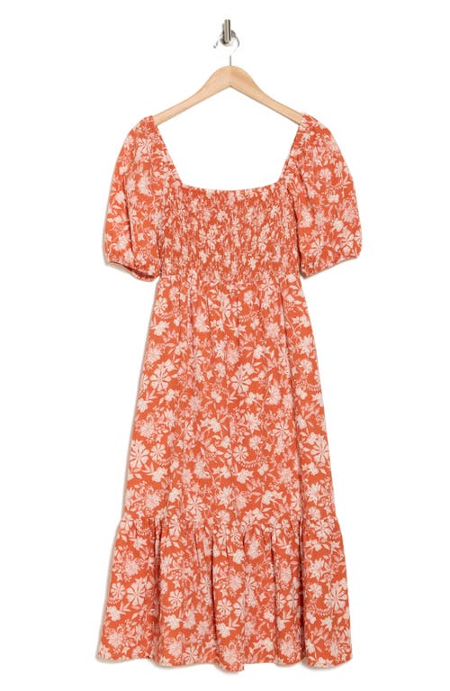 Melrose And Market Smocked Puff Sleeve Midi Dress In Orange - Ivory Fontana Floral