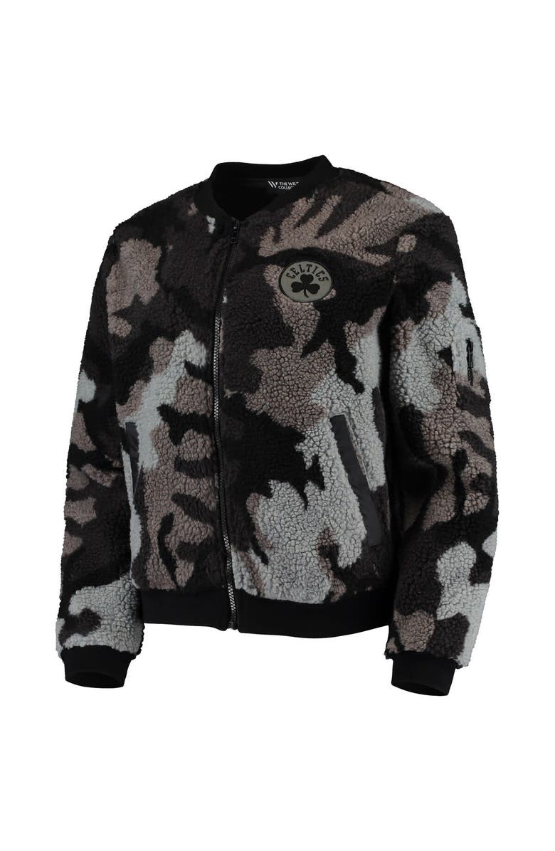 THE WILD COLLECTIVE Women's The Wild Collective Black Boston Celtics Camo Sherpa Full-Zip Bomber Jacket, Alternate, color, Black