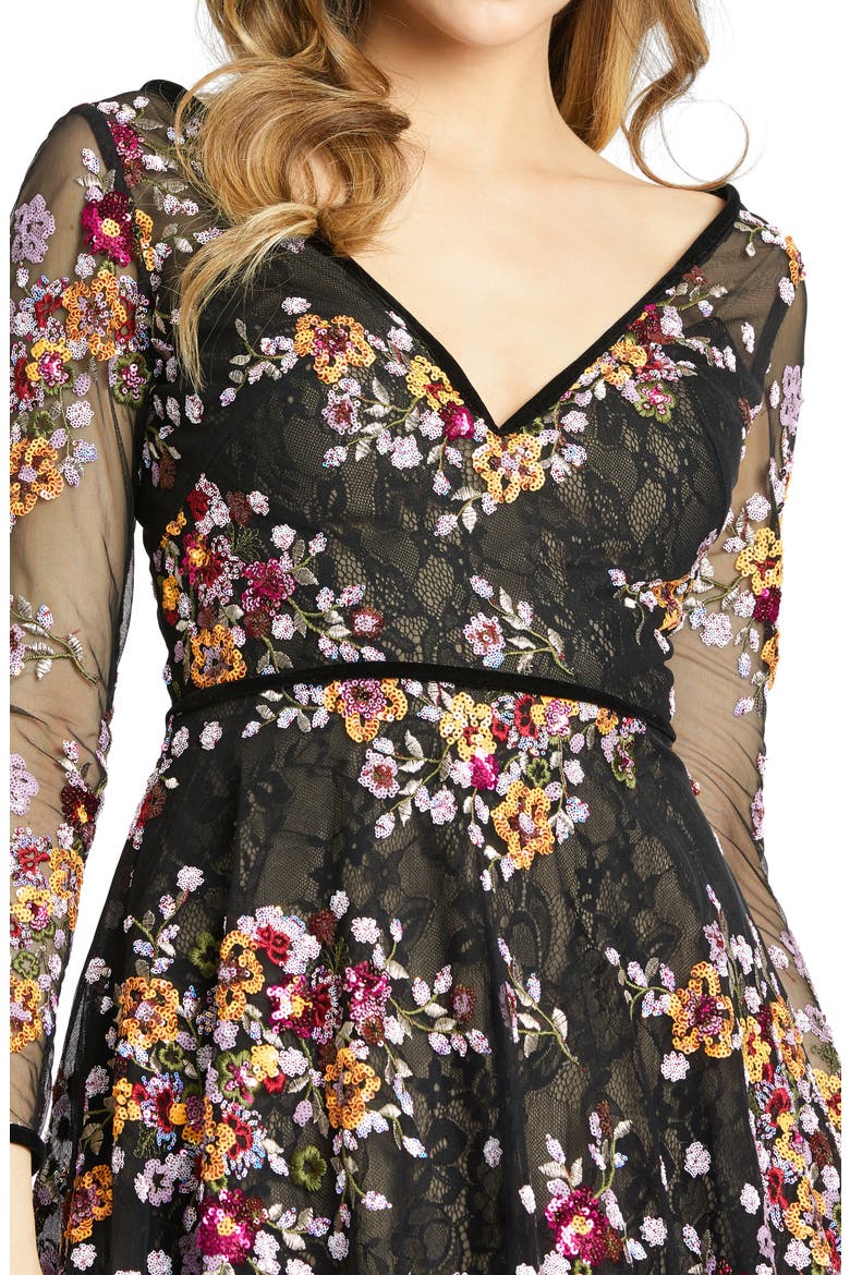 Black Floral Embroidered Tea Length Dress, Alternate, color, BLACK MULTI