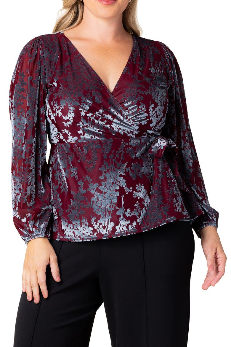 Loretta Burnout Velvet Wrap Top, Alternate, color, BURGUNDY FROSTED BRANCHES