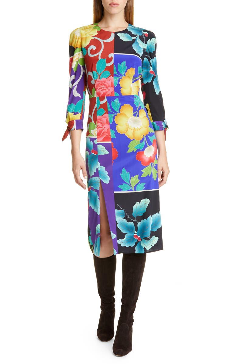 Etro Patchwork Floral Stretch Silk Dress, Main, color, 