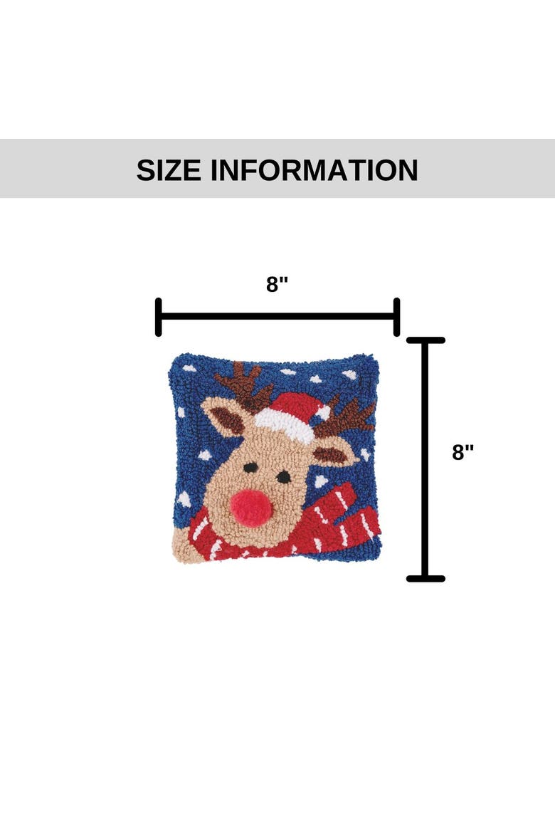 Reindeer w/ Santa Hat Hooked Christmas Mini Accent Pillow 8" x 8", Alternate, color, Blue