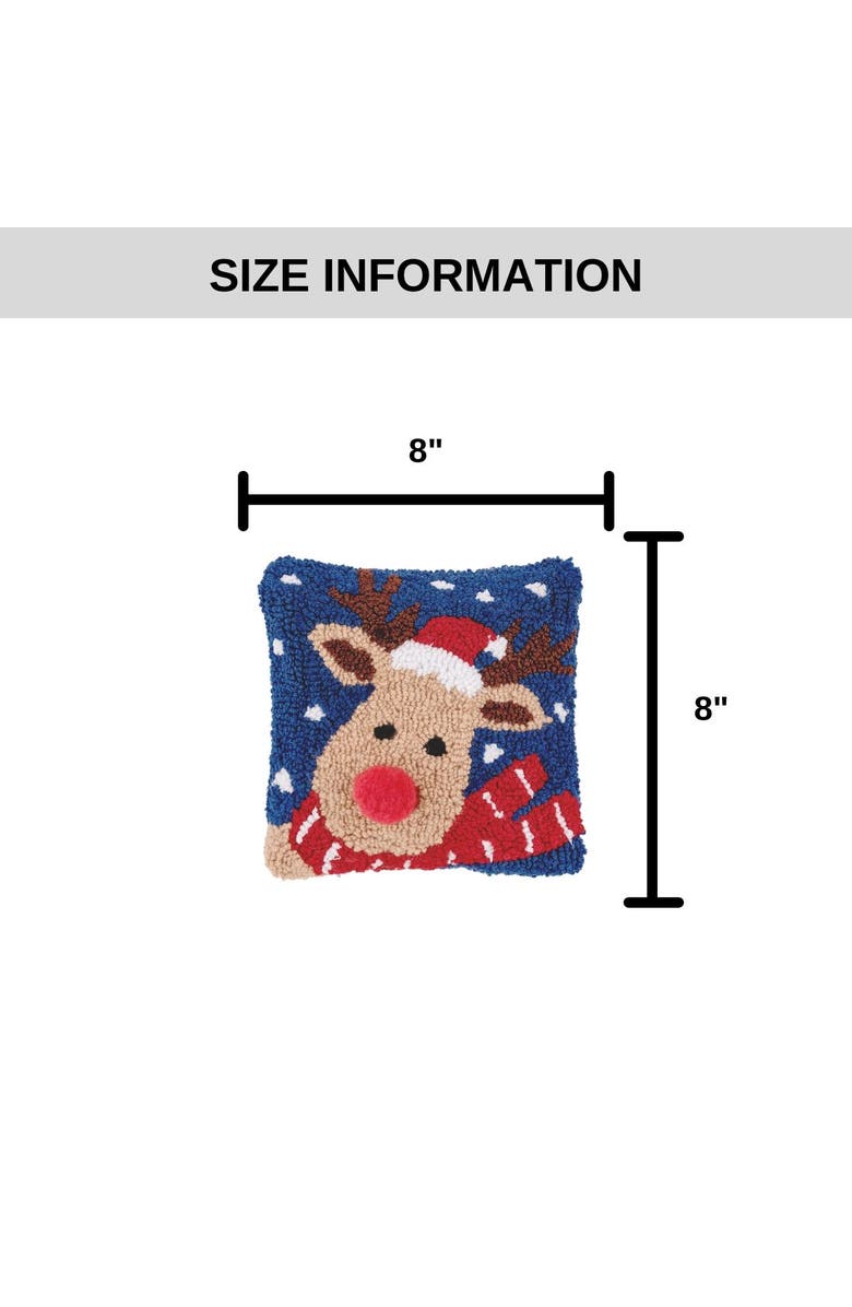 C&F Home Reindeer w/ Santa Hat Hooked Christmas Mini Accent Pillow 8" x 8", Alternate, color, Blue