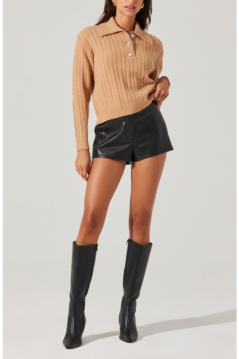 Jewel Button Cable Polo Sweater, Alternate, color, BISCOFF