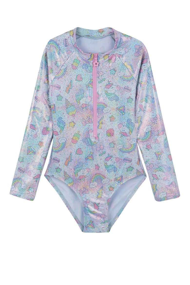 Unicorn Squad Long Sleeve Zip Front One Piece, Main, color, multi pink
