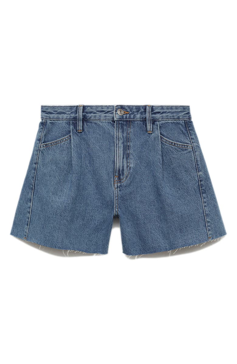 MANGO Raw Hem Pleated A-Line Denim Shorts, Alternate, color, Medium Blue
