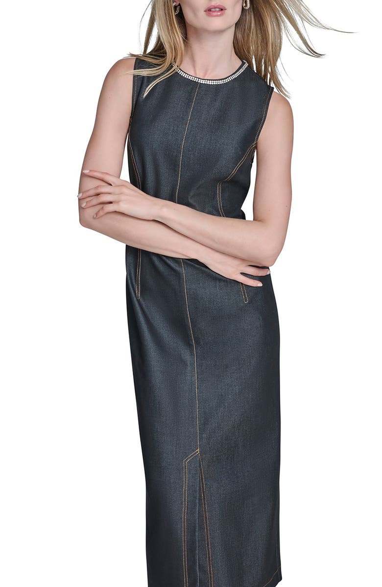 BCBG Crystal Embellished Neck Denim, Alternate, color, Denim