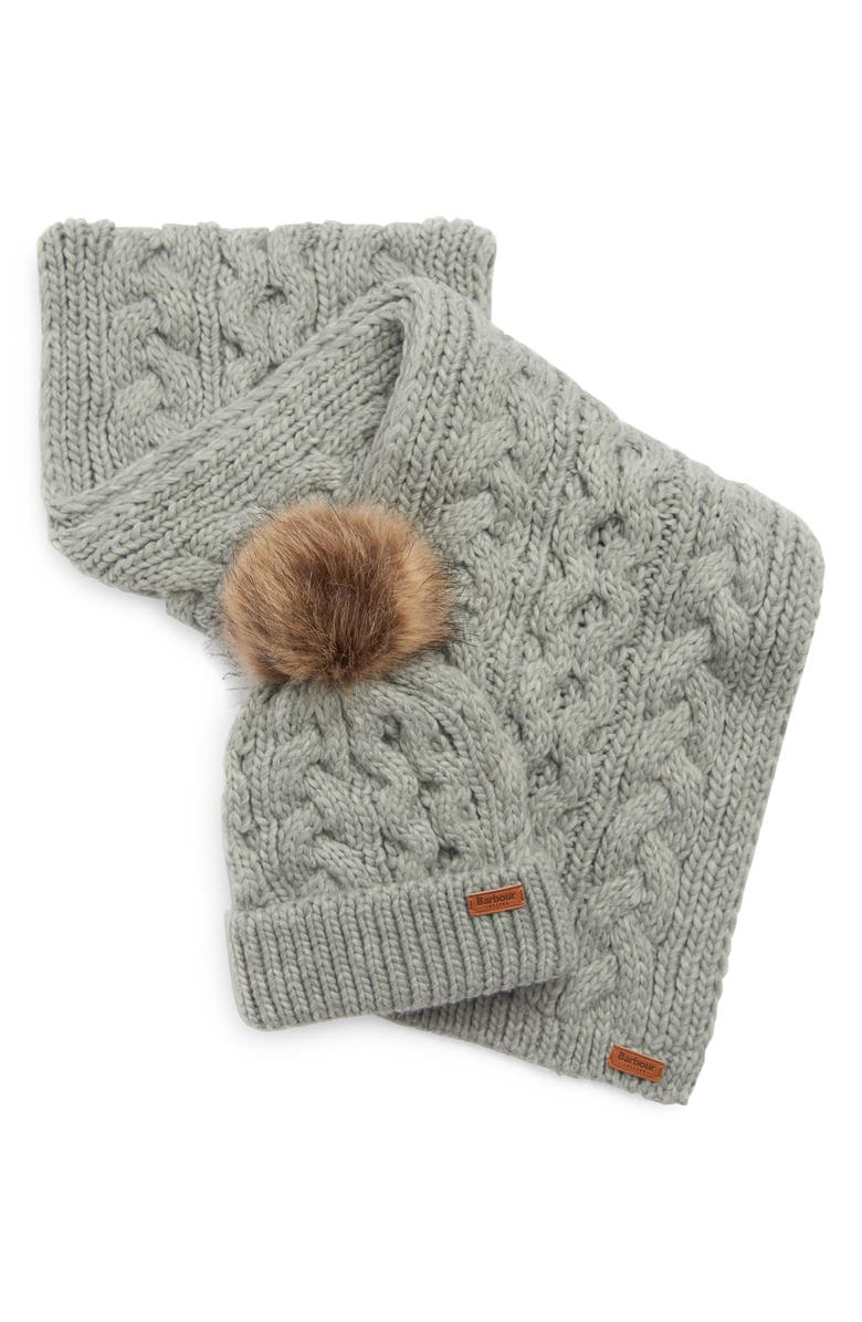 Barbour Penshaw Faux Fur Pompom Beanie & Scarf Set Gift Box, Main, color, 