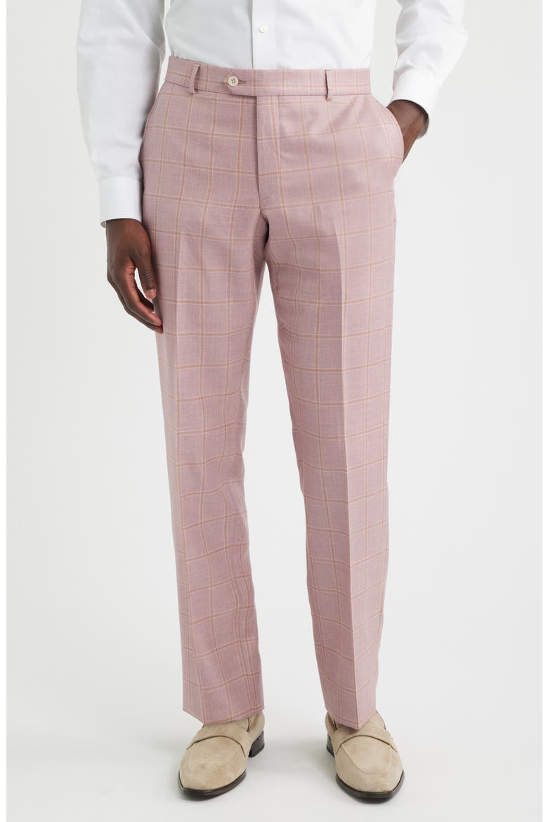 Flat Front Check Wool & Linen Blend Dress Pants, Main, color, PINK