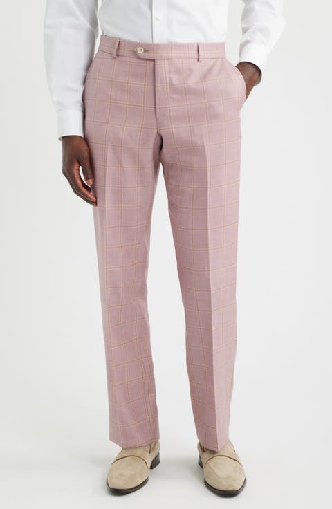 Flat Front Check Wool & Linen Blend Dress Pants