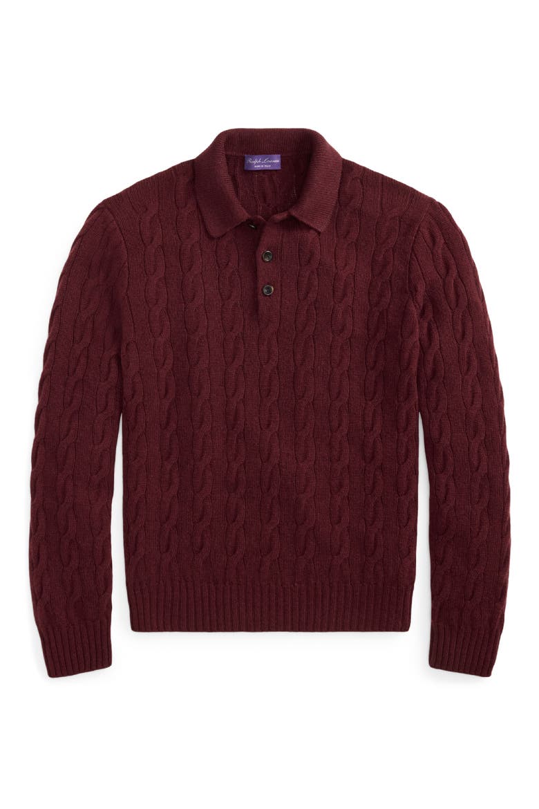 Cable Knit Cashmere Polo Sweater, Alternate, color, MAHOGANY