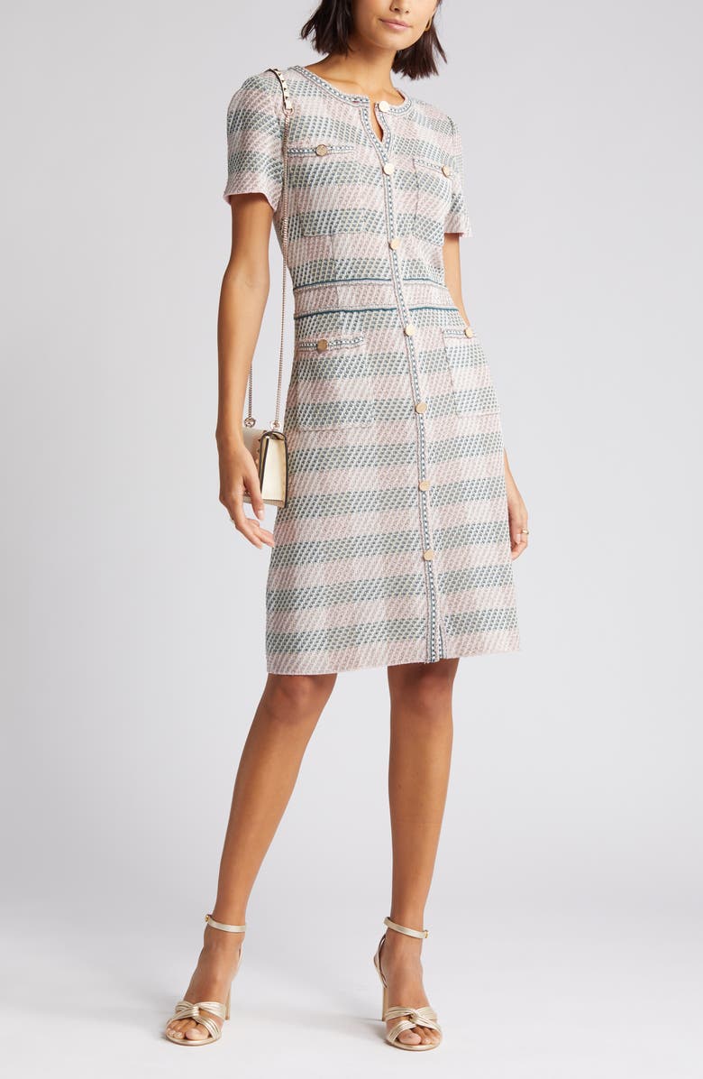 Misook Bold Plaid Knit Sheath Dress, Main, color, Rose Pet/Macc/Spr/Biscotti/Wht