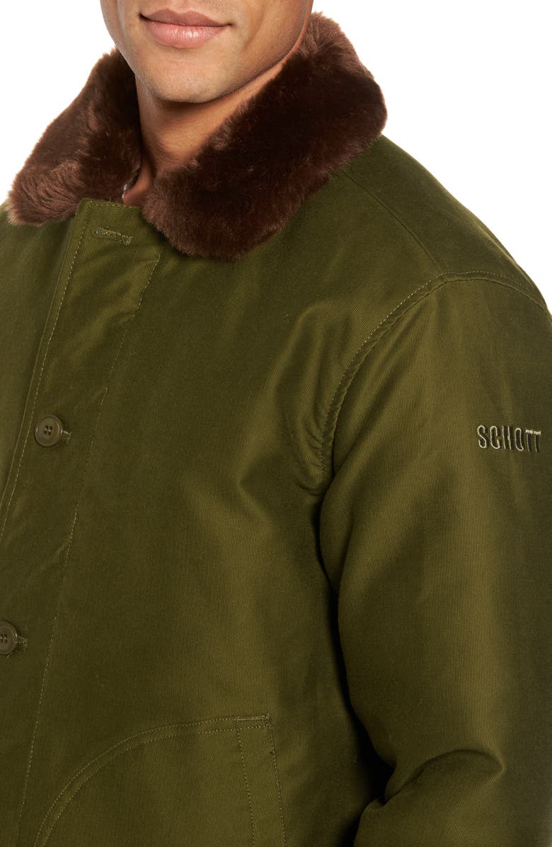 Schott NYC Faux Fur Collar Water-Repellent Corduroy Down Jacket, Alternate, color, 