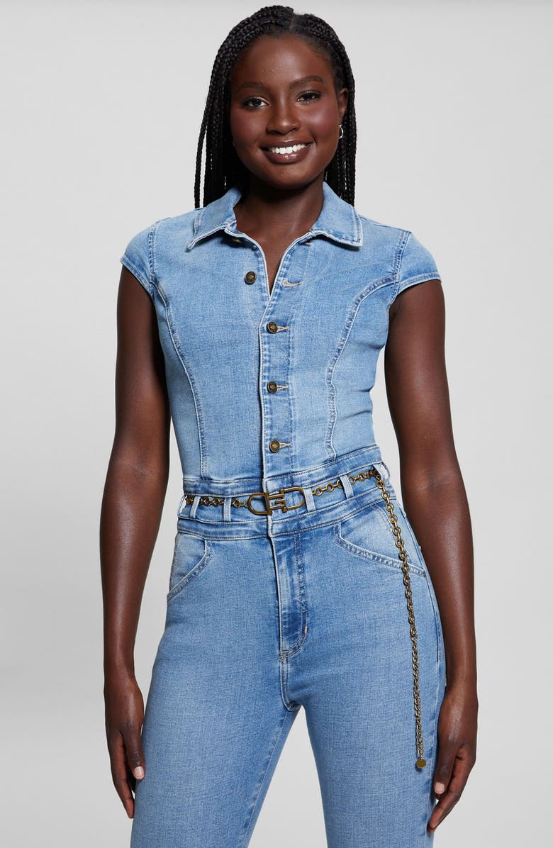 GUESS Nova Belted Button Front Denim Jumpsuit, Alternate, color, 
