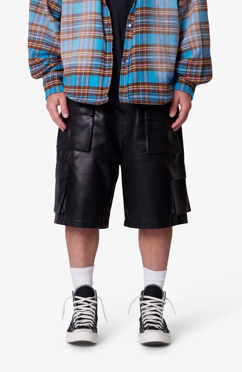 mnml Baggy Faux Leather Cargo Shorts, Main, color, Black