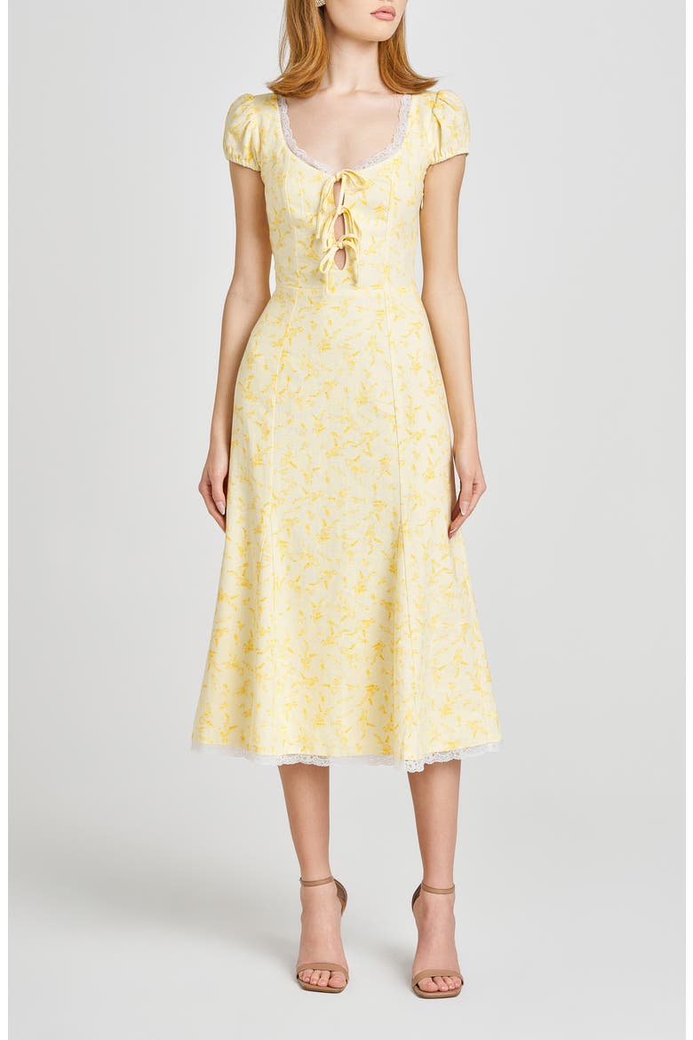 Cara Floral Cap Sleeve Linen Blend Midi Dress, Main, color, BUTTER FLORAL